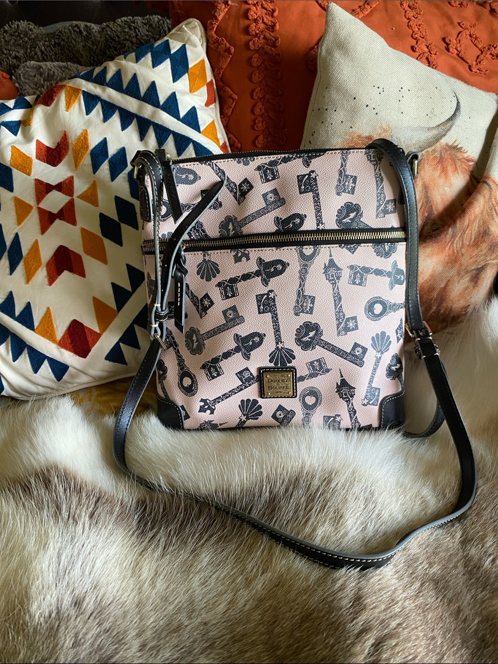 Dooney & Bourke Disney Princess Castles Pink Key-Print Crossbody with Black Trim